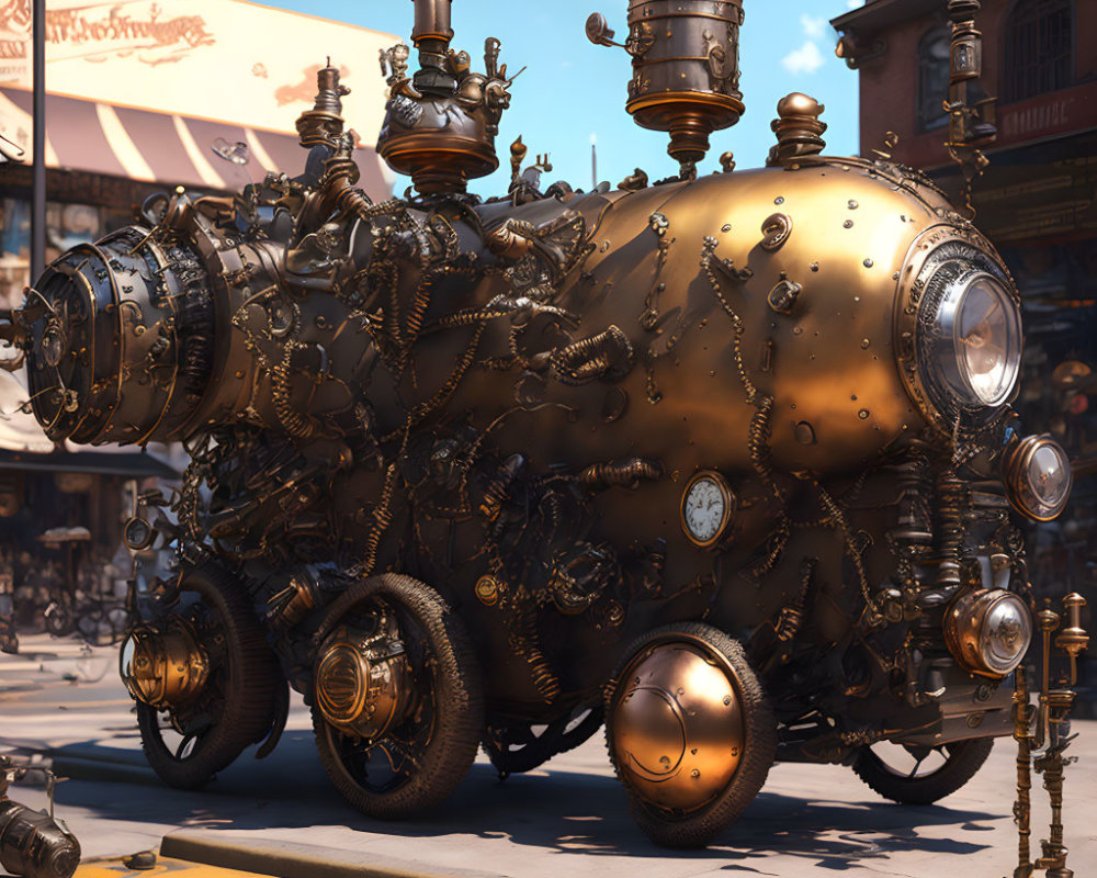 Steampunk-style vehicle with brass details and gears parked on cobblestone street.