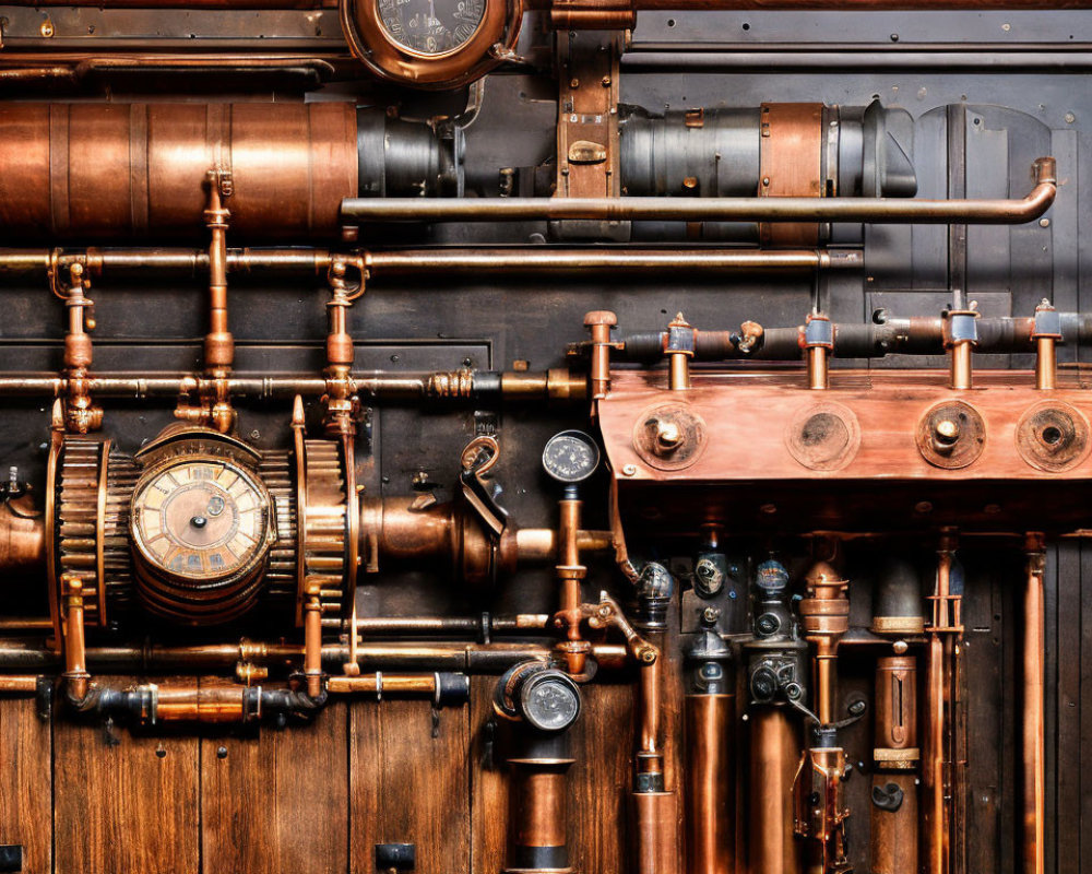 Vintage-Style Steampunk Background with Pipes, Dials, and Gauges