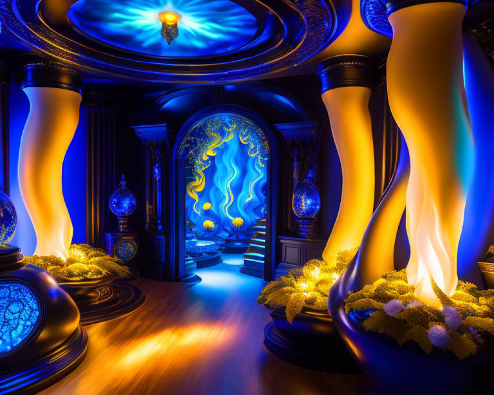 Fantasy room with blue and gold lighting and ornate pillars