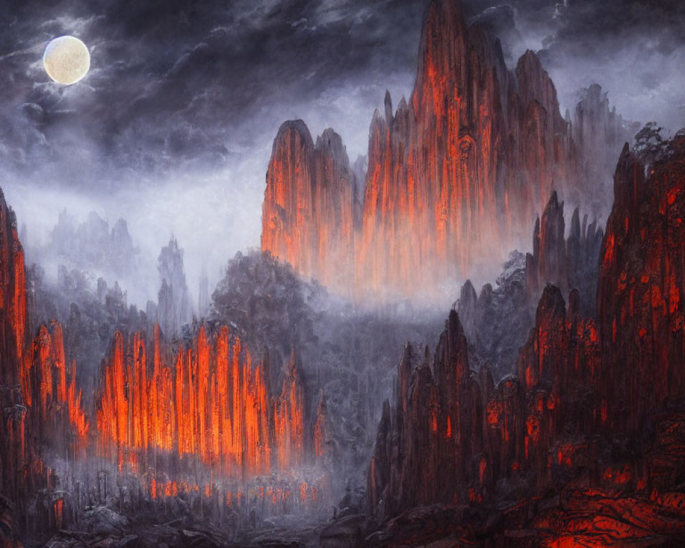 Volcanic landscape at night: glowing lava, jagged peaks, full moon