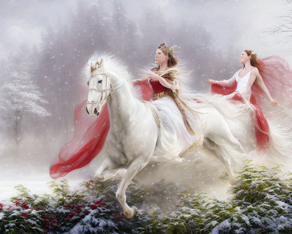 Women in white and red dresses ride white horse in snowy forest