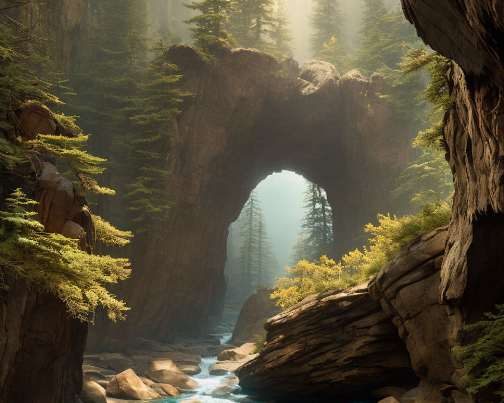 Sunlit Rocky Canyon with Serene River and Arch Formation