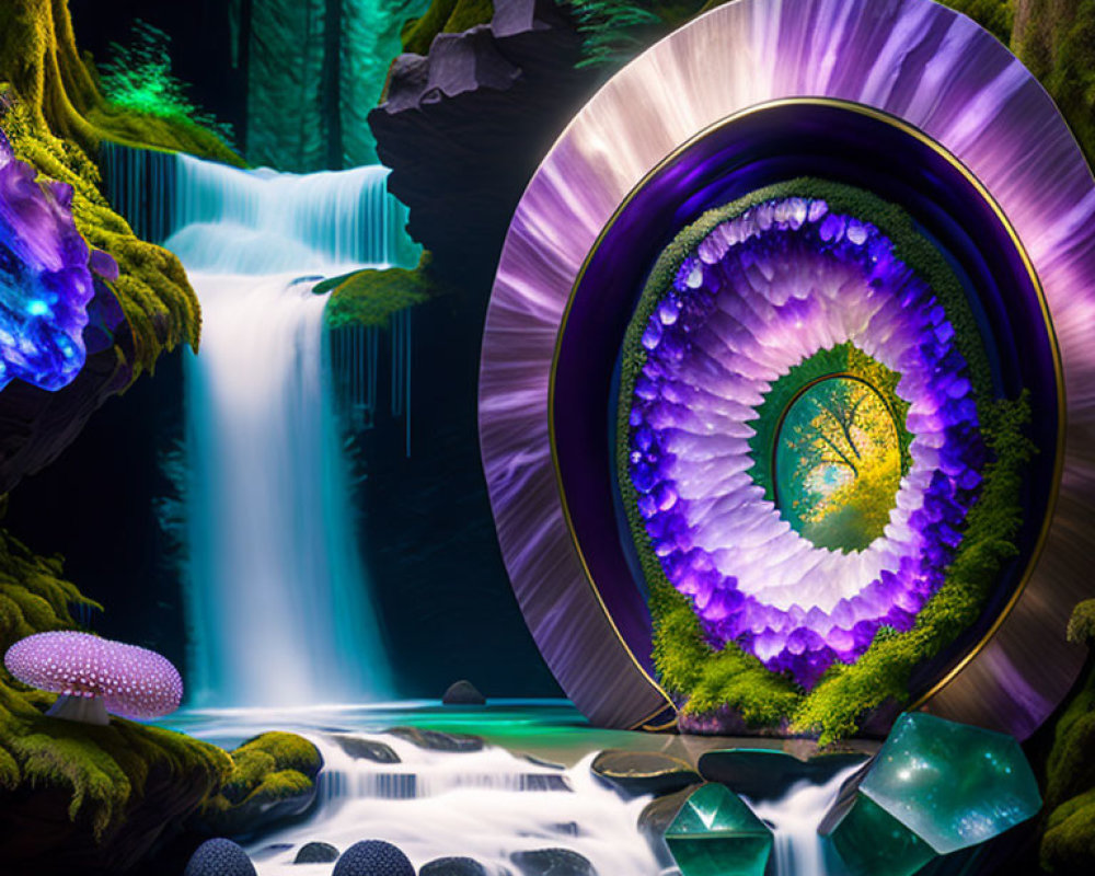 Vibrant digital art: Waterfall scene with geode forest, mushrooms, crystals