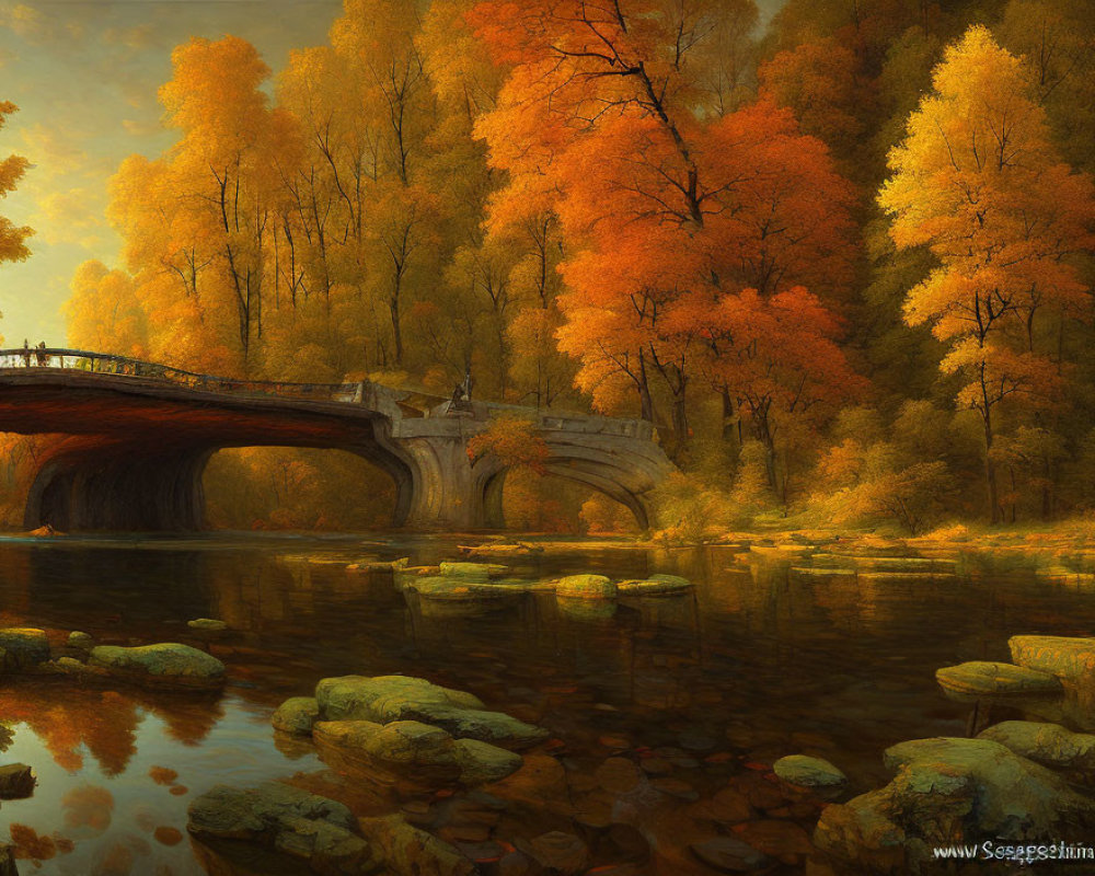 Golden-orange trees, stone bridge, and moss-covered rocks in serene autumn scene