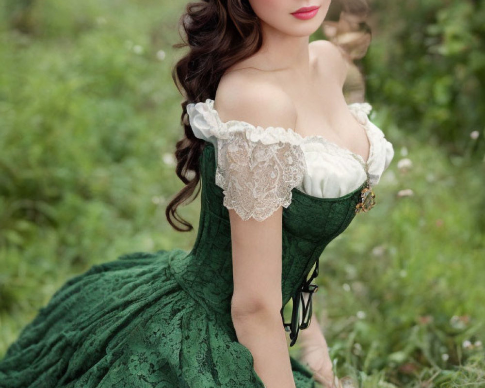 Vintage Green Dress with Lace Details and Hat in Romantic Setting