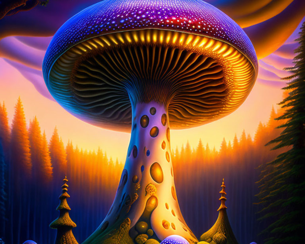 Giant vividly colored mushroom in mystical forest under swirling purple sky