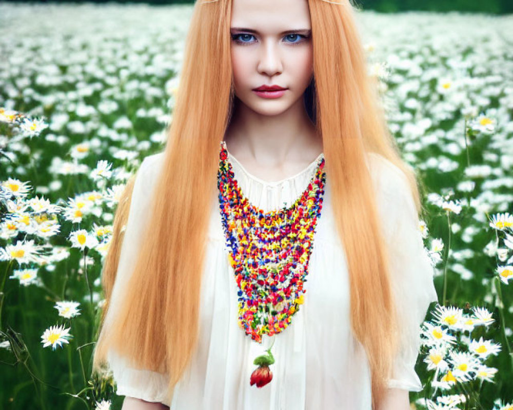 Blonde Woman in White Blouse Among Daisies