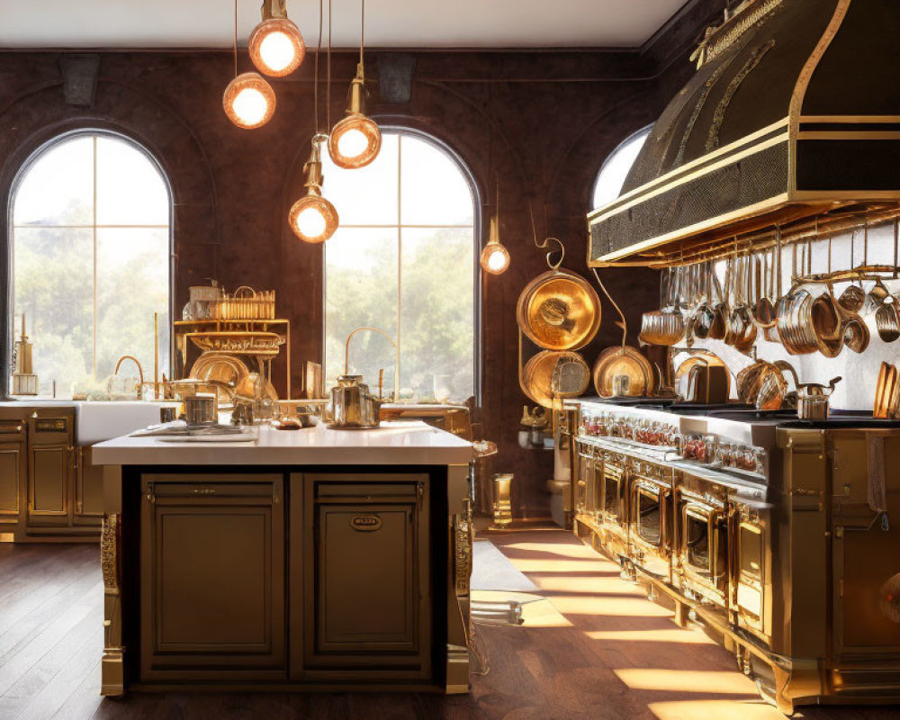 Luxurious Kitchen with Copper Accents, Chandeliers, Large Island, Arched Windows