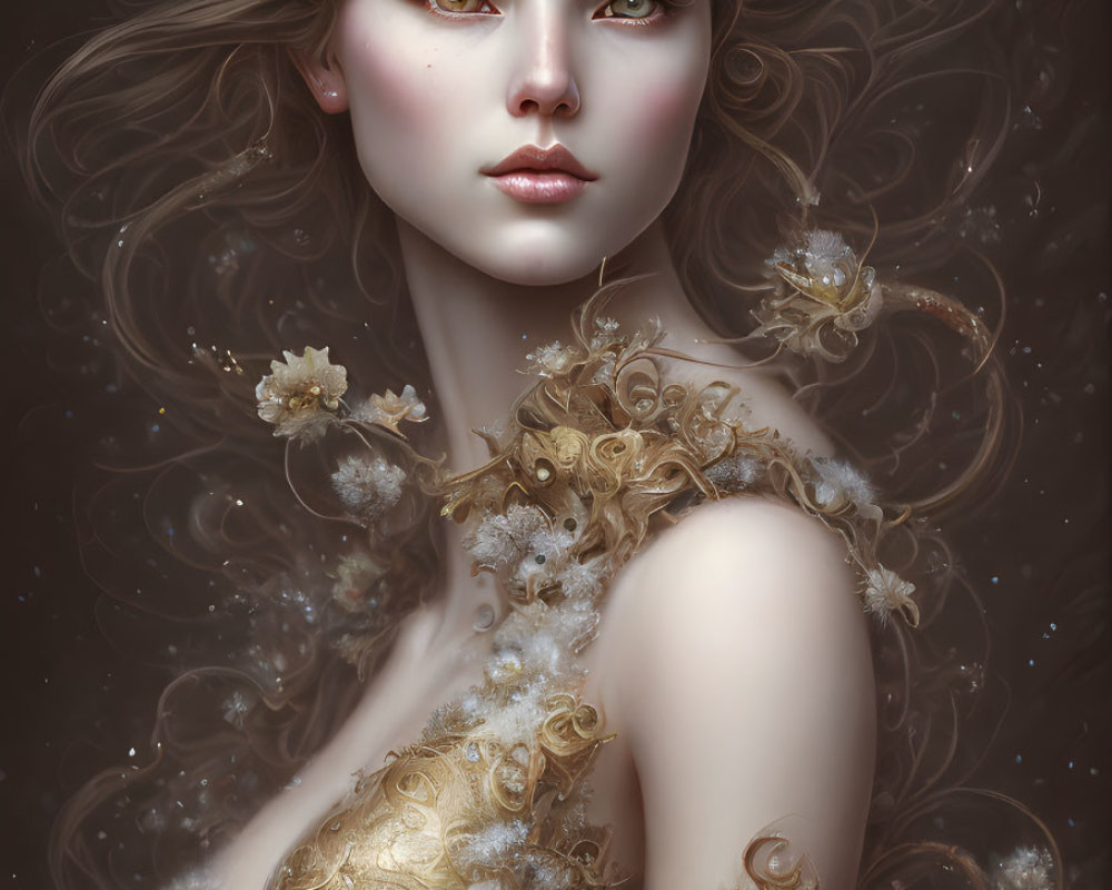 Fantasy portrait of woman with horns in golden attire and mystical aura.