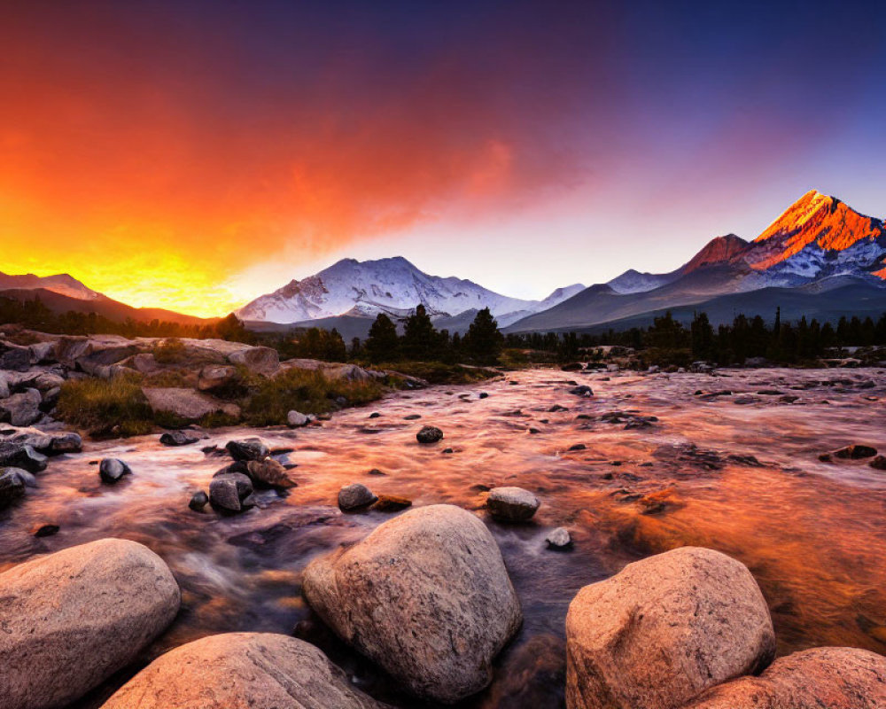 Vibrant sunrise over mountain range and river landscape