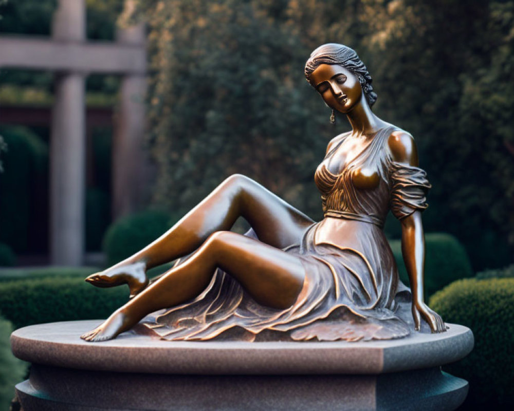 Reclining female bronze statue outdoors with flowing drapery in warm light