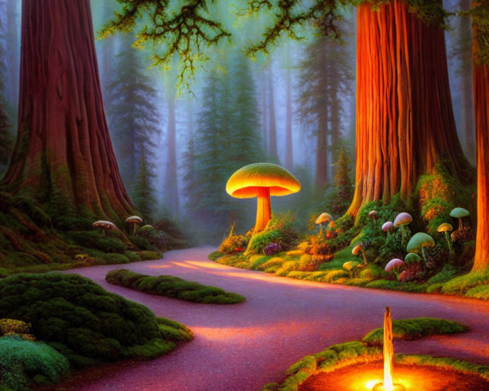 Enchanted forest scene with oversized glowing mushroom and small candle surrounded by trees and smaller mushrooms.