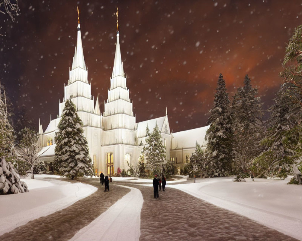 Snowy Night Scene with Multi-Spired Building and Snow-Covered Trees