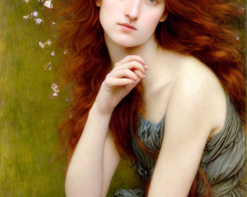 Portrait of Woman with Red Hair in Gray Dress Surrounded by Greenery and Pink Blossoms