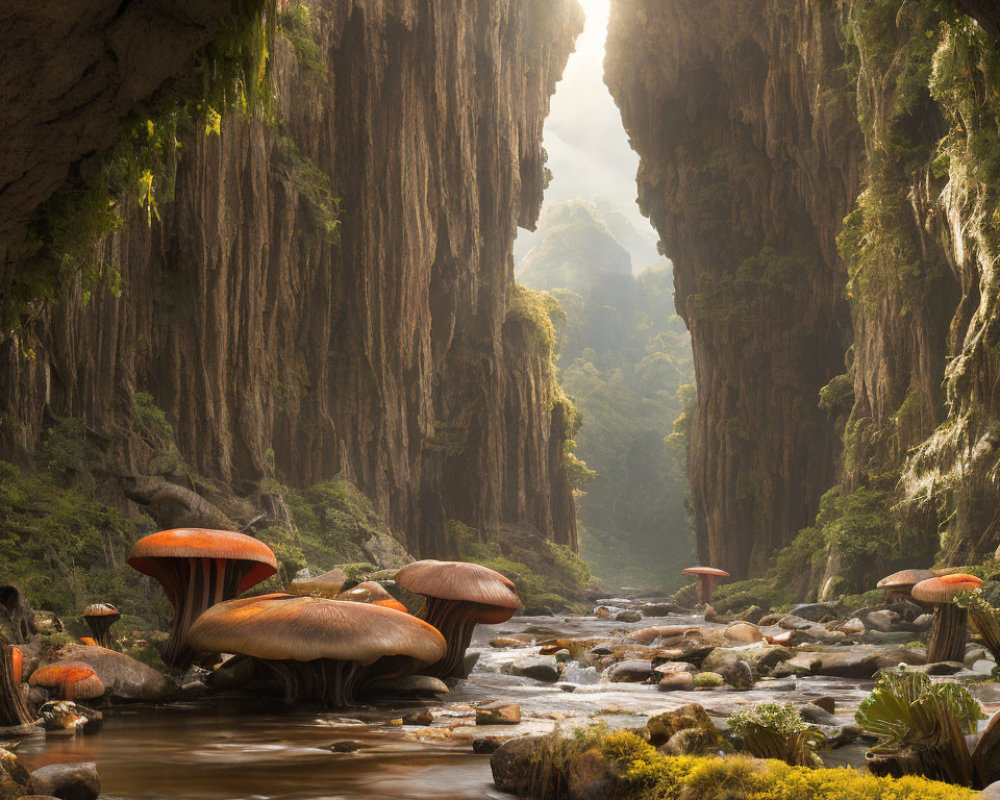 Tranquil river in a lush cave with towering walls