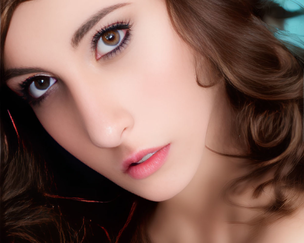 Portrait of Woman with Wavy Brown Hair and Intense Eyes on Blue Background