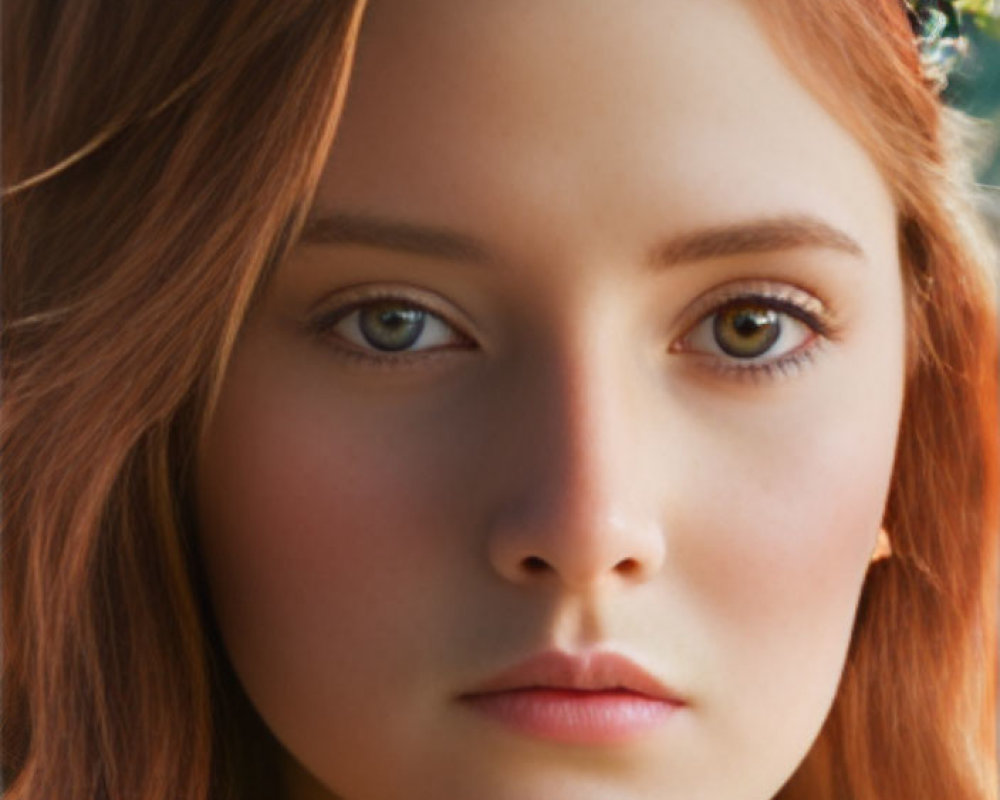 Woman with Auburn Hair in Floral Crown, Serene Expression