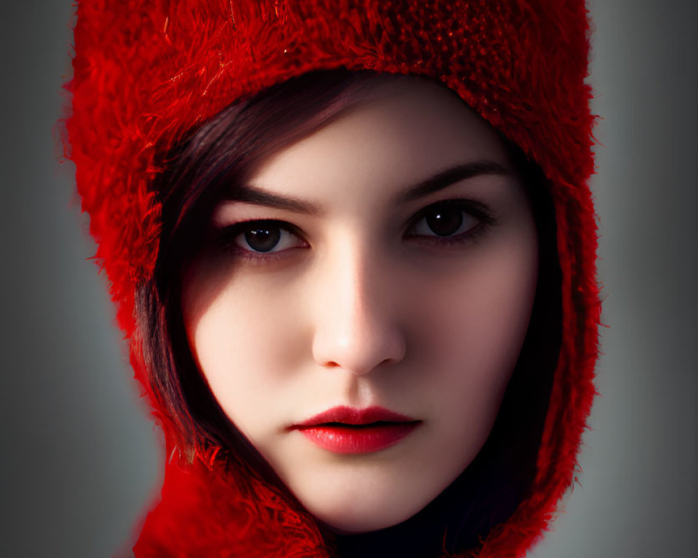 Person in Red Hooded Top with Sharp Features on Grey Background