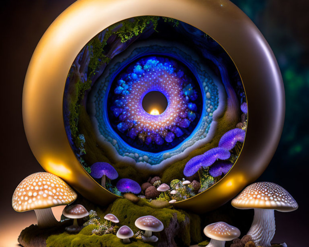 Surreal image of recursive eye-like portal with cosmic landscapes and glowing mushrooms