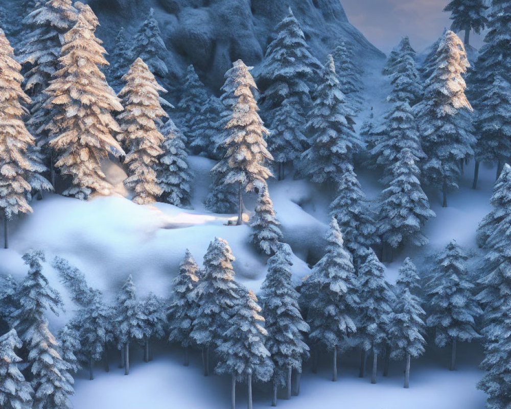 Winter Forest Clearing with Glowing Light Amid Snowy Landscape