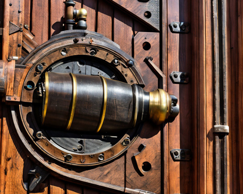 Steampunk-inspired round door with brass telescope peephole and metal trim.