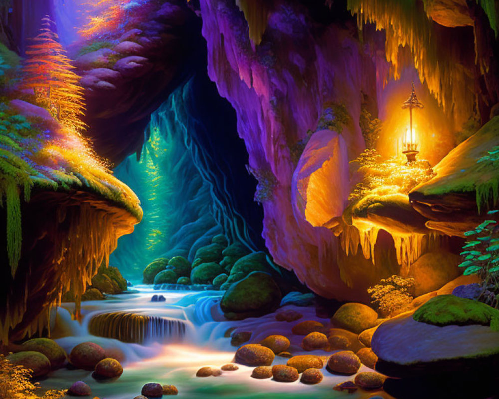 Vibrant cave with moss-covered stones, glowing river, cascades, and lantern