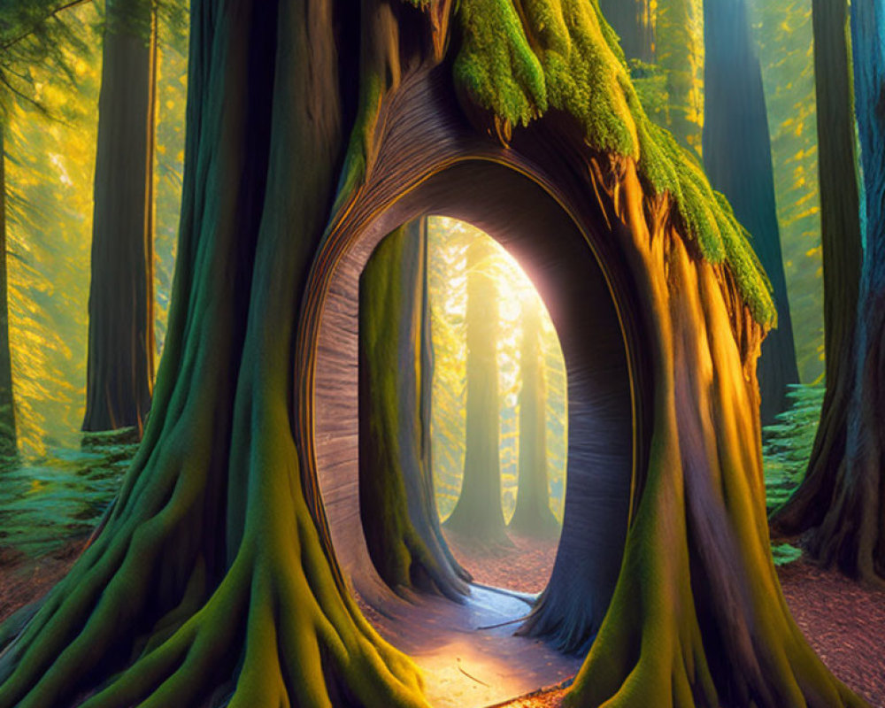 Misty forest scene: sunlight on hollow tree with moss-covered roots