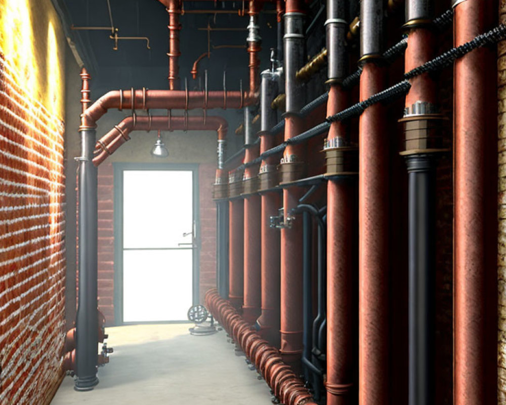 Industrial-style corridor with red brick walls and ceiling pipes.