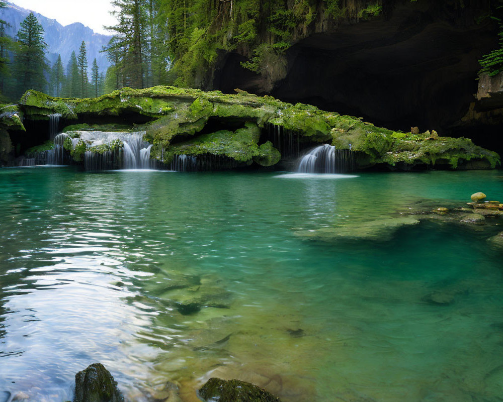 Tranquil underground waterfall in mossy cave landscape