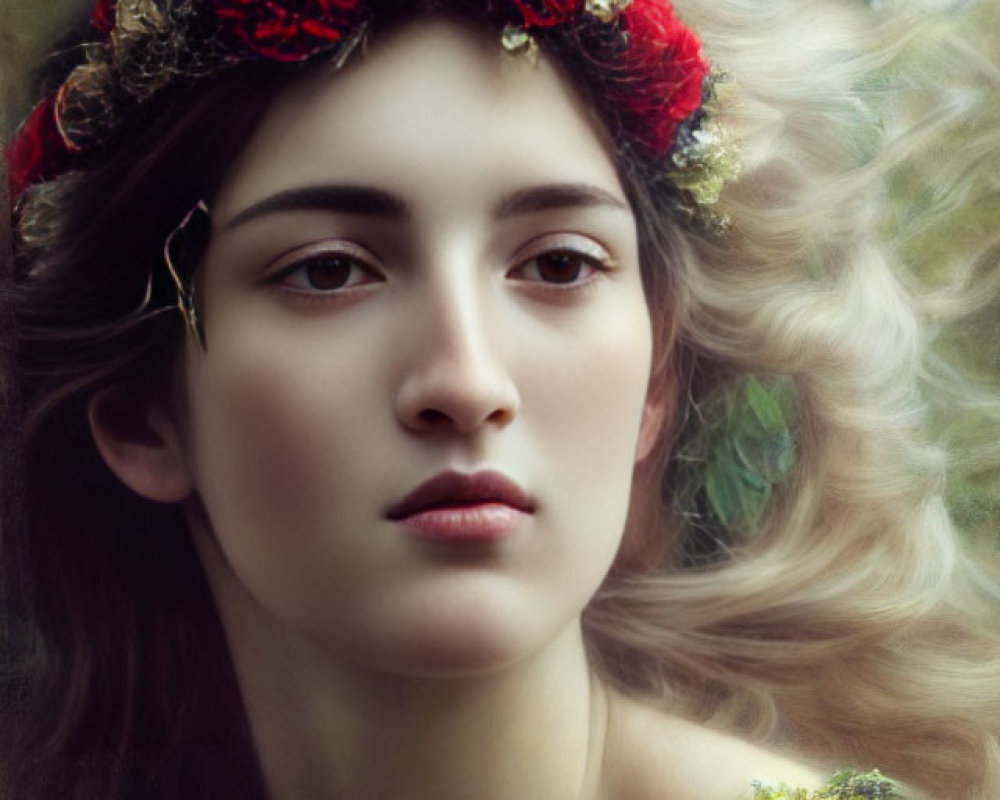 Portrait of woman with wavy hair and floral headband in soft-focus background