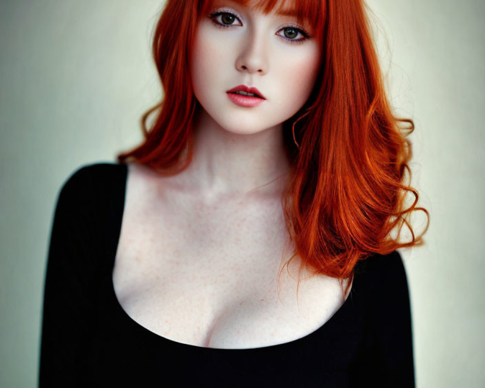 Red-haired woman in black top with bangs staring at camera