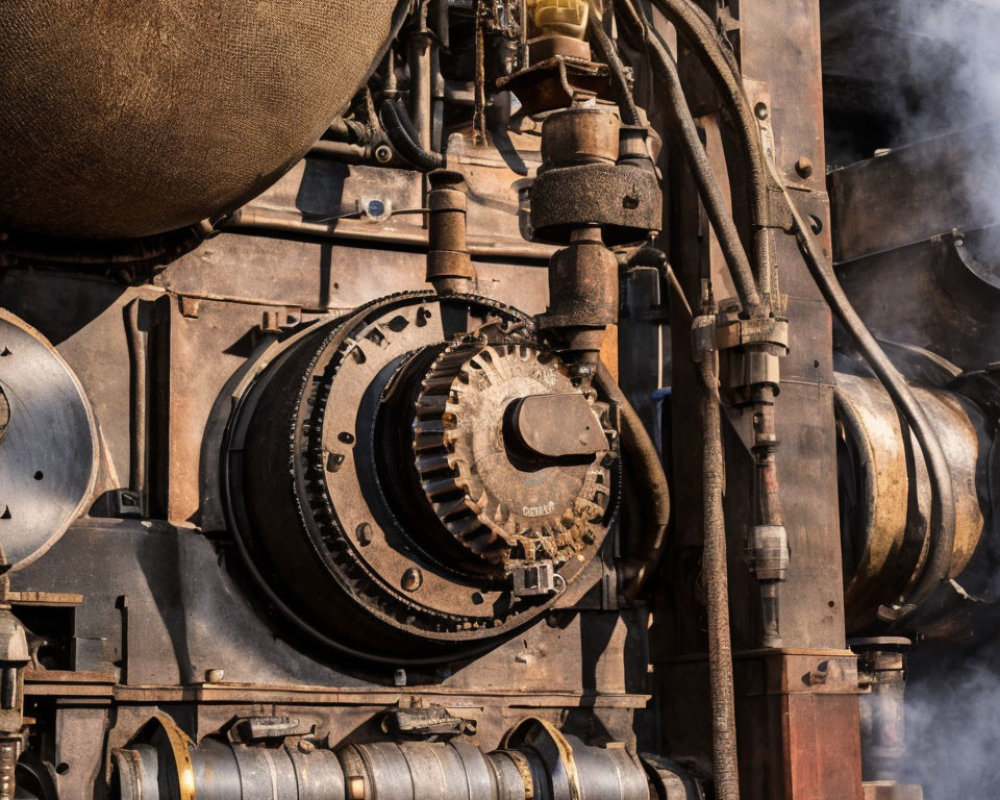 Detailed Close-Up of Industrial Machinery with Gears, Pipes, and Steam