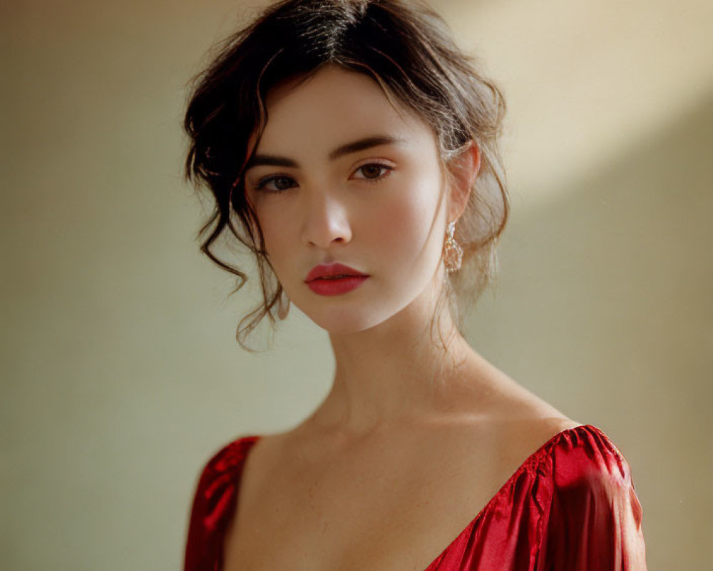 Dark-haired woman in red dress and red lipstick gazes softly at camera