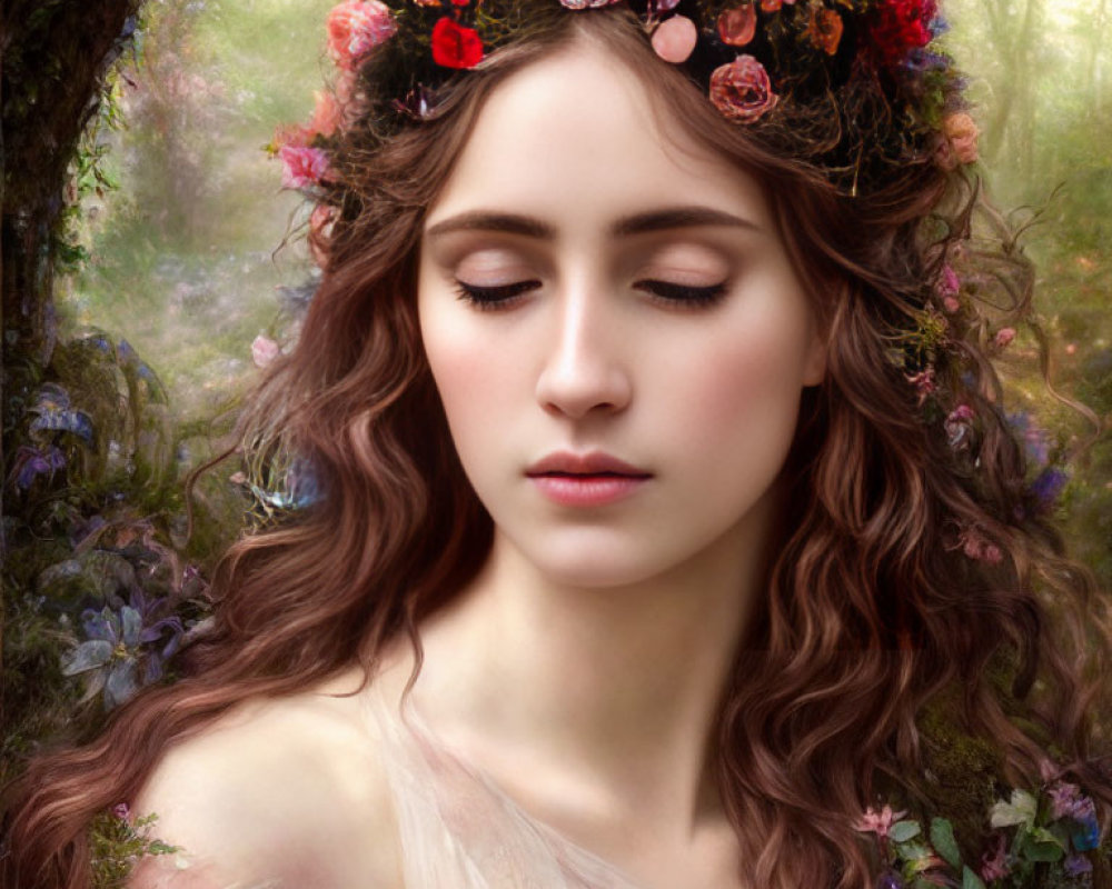 Woman with Floral Crown and Long Wavy Hair in Forest