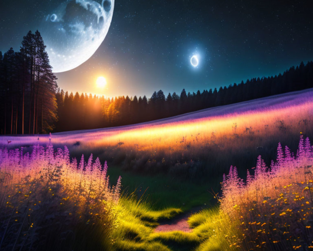 Nocturnal landscape with moon, stars, lit path, purple flowers, trees, twilight sky