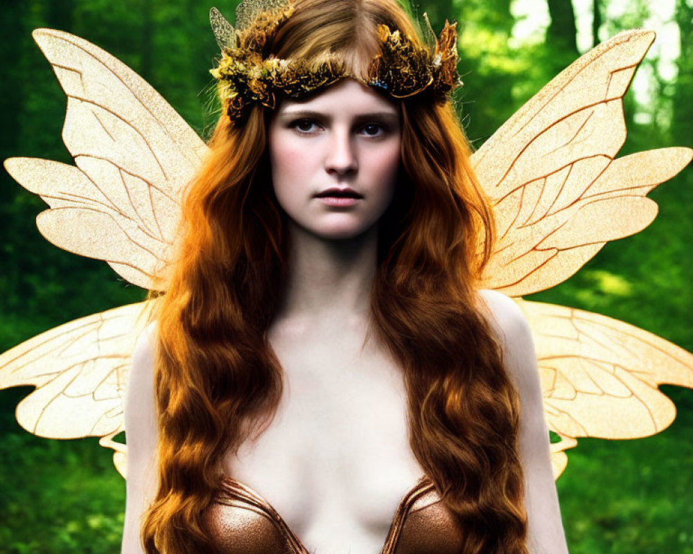 Red-haired fairy with golden crown and wings in green forest