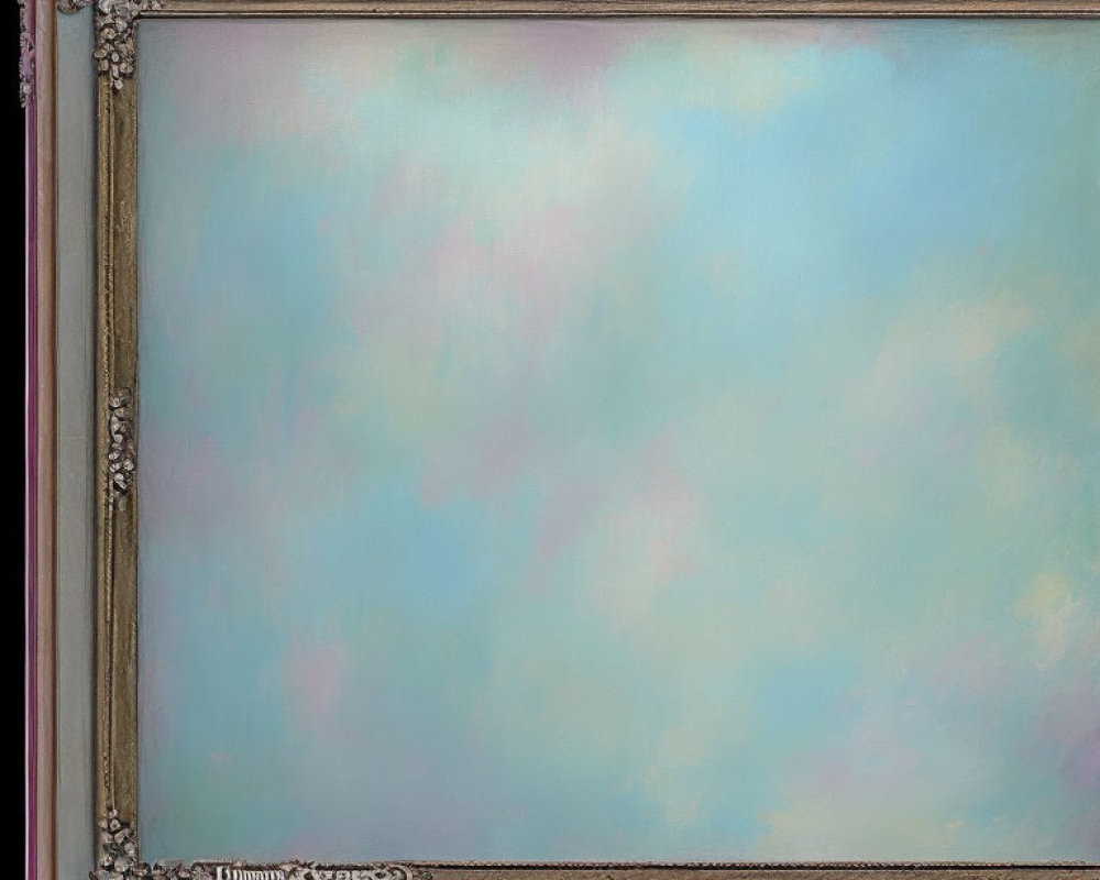 Abstract Pastel Blue Sky and Pink Cloud-Like Patterns in Ornate Wooden Frame