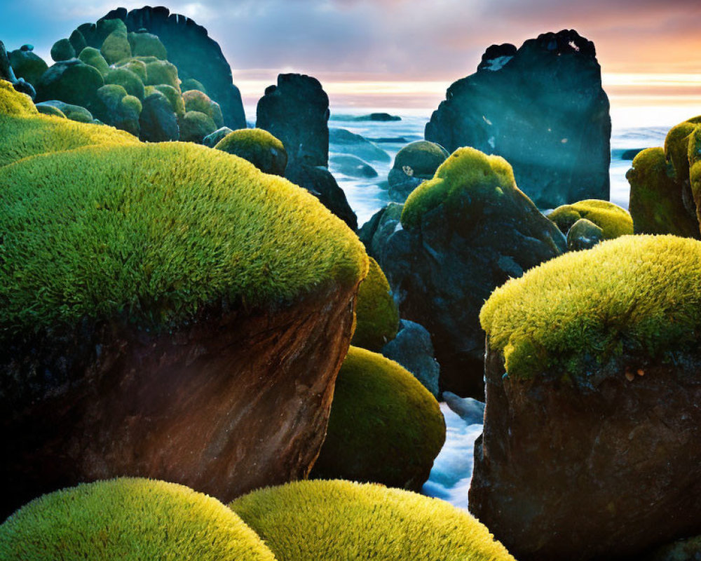 Sunset scene with moss-covered rocks, turbulent sea, and dramatic sky