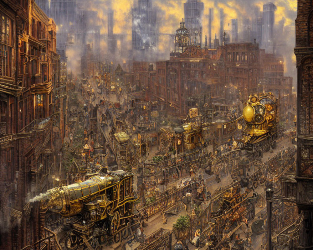 Detailed Steampunk Cityscape with Ornate Locomotives and Dense Architecture