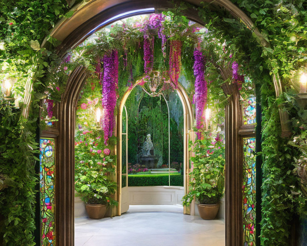 Arched Entrance with Green Vines, Purple Flowers, Garden Statue, and Stained-Glass Windows