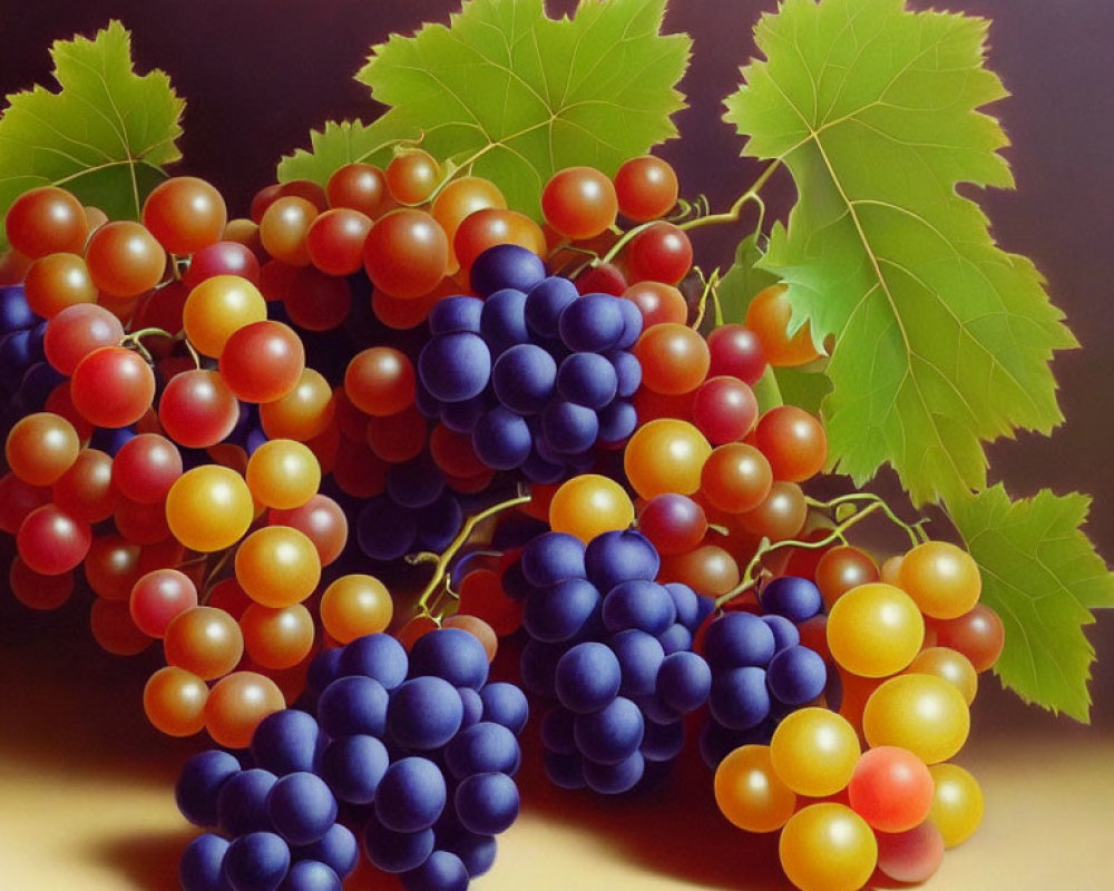 Ripe purple and green grapes with green leaves on brown background