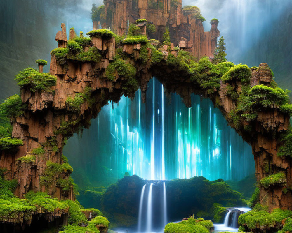 Mystical archway in lush greenery with waterfalls and glowing blue light