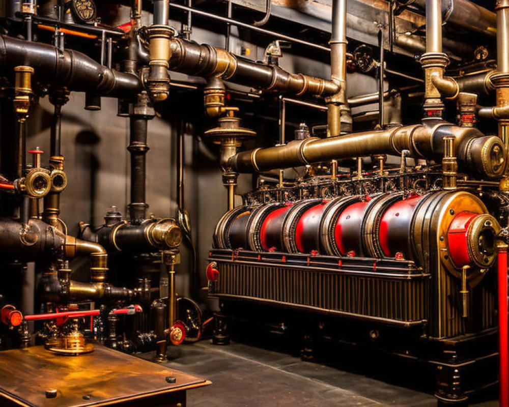 Vintage Industrial Machinery with Pipes and Gauges in Warmly Lit Room