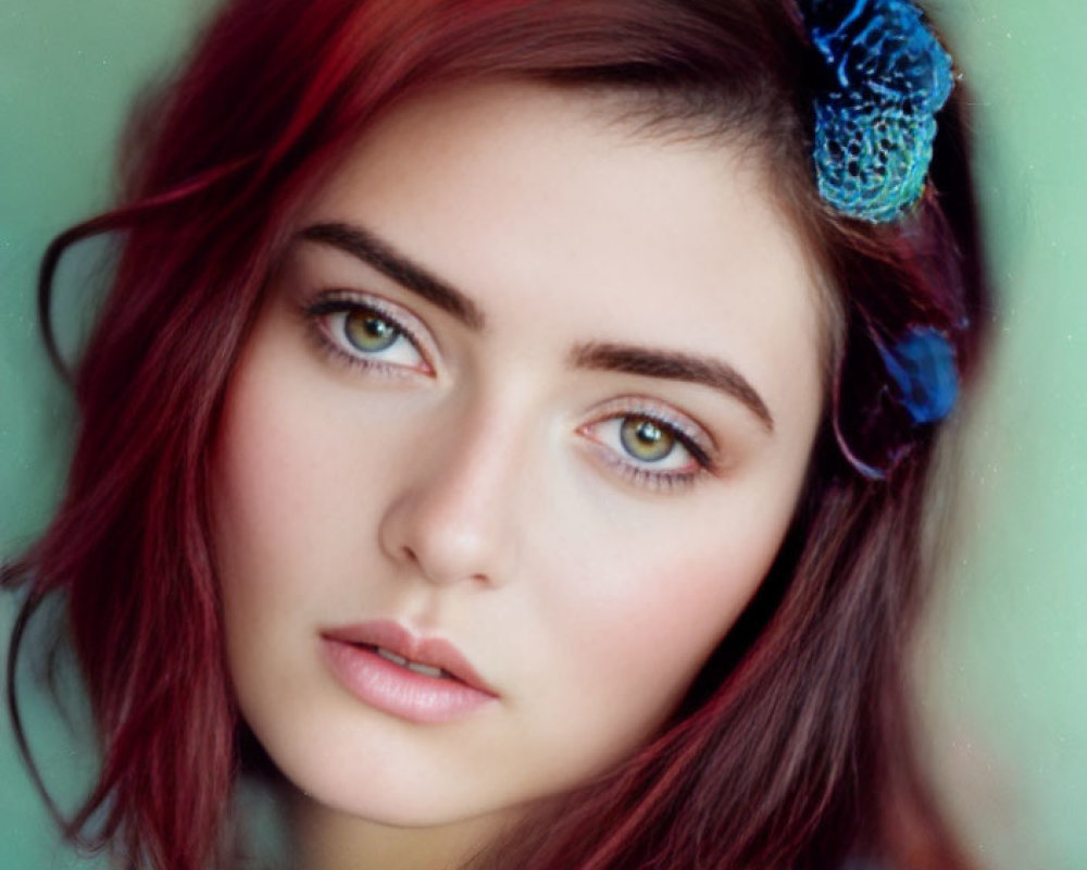 Red-haired woman with green eyes and blue floral accessory on soft green backdrop