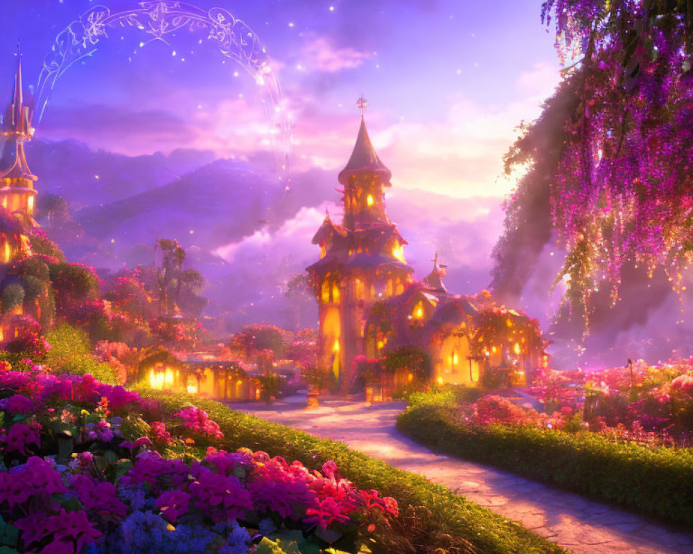 Whimsical fairy tale landscape with village, castle, flowers, lights, and purple sky