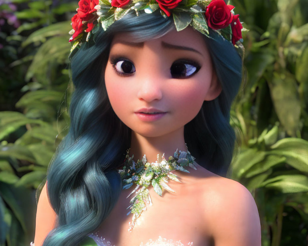 Teal-haired animated character with flower crown on floral backdrop