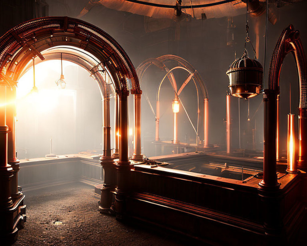 Steampunk interior with arched windows and brass structures