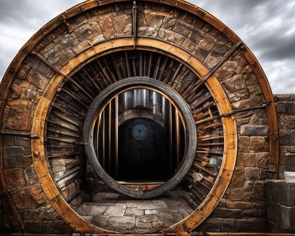 Circular Wooden Structure with Concentric Rings in Stone Wall Under Cloudy Sky