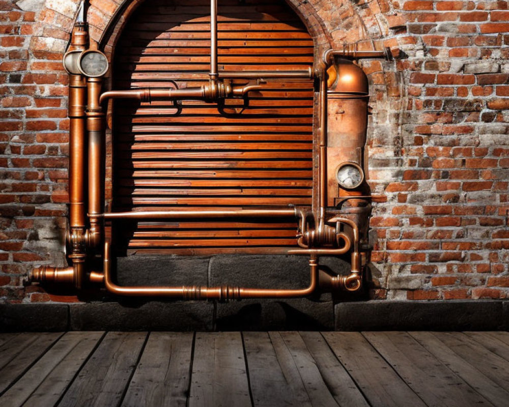 Copper piping on brick wall next to wooden bench and floor