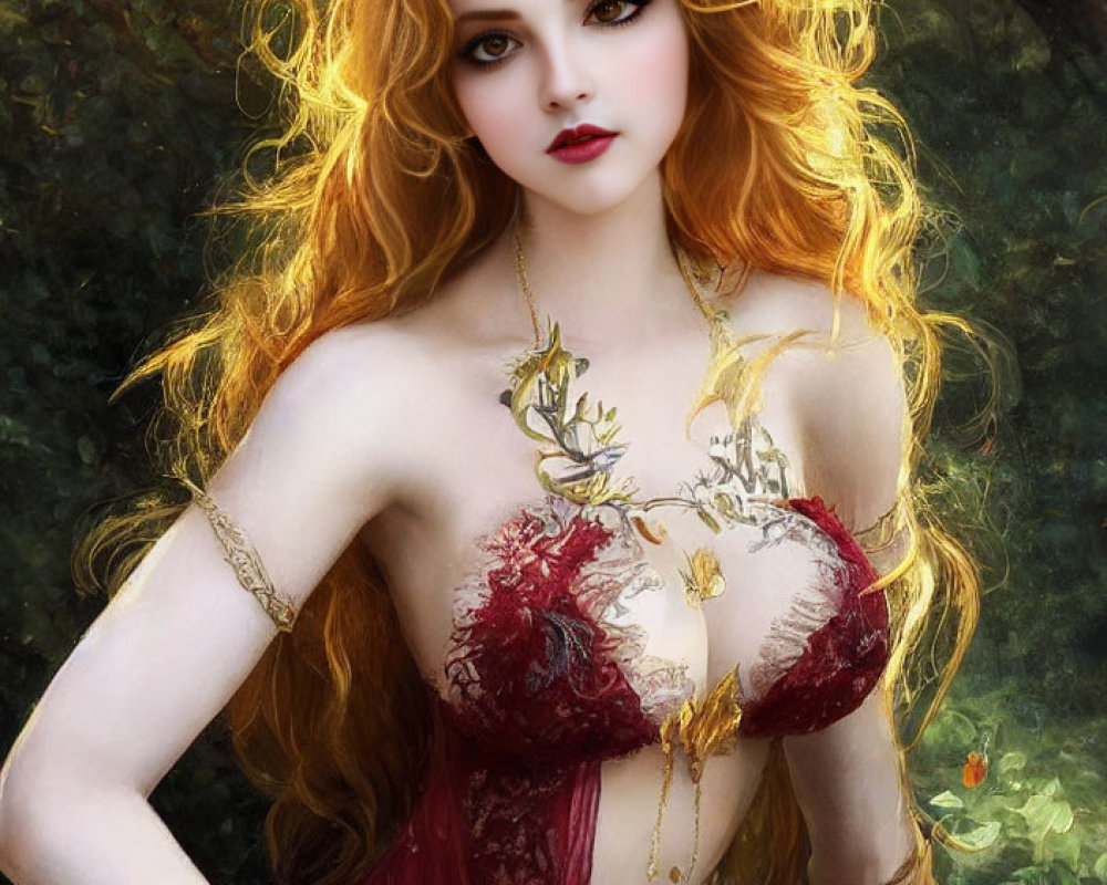 Digital artwork of woman with long wavy red hair in ornate red dress, set in lush forest